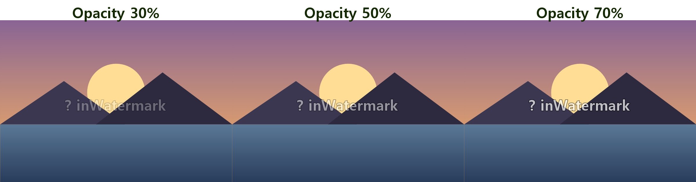 동일한 사진의 워터마크 투명도 30%, 50%, 70% 비교